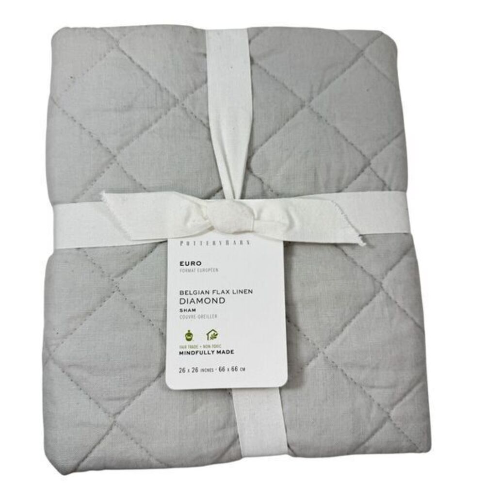 Pottery Barn Belgian Flax Linen Sham EURO  Diamond‎ Quilted Pillow Soft Gray NEW